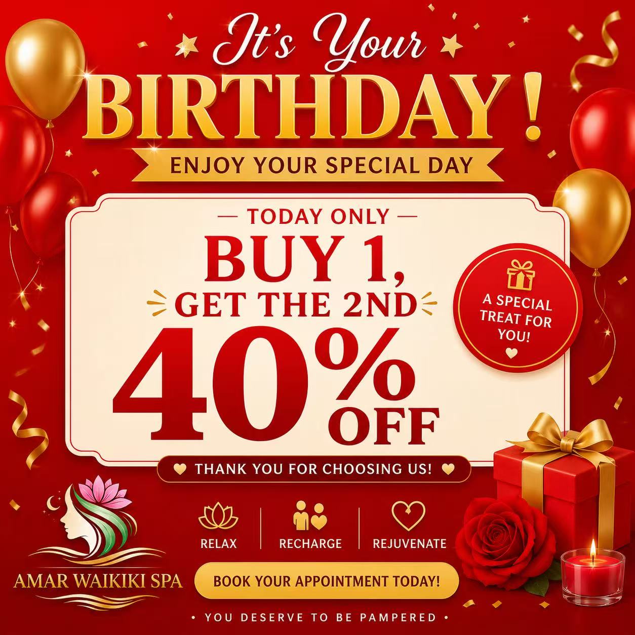Birthday special: buy 1, get the second item 40% off